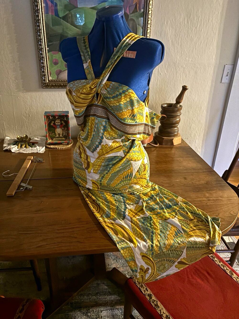 Trina Turk Maxi Dress Size 4 Yellow Turquoise Greek Key Print Halter Resort